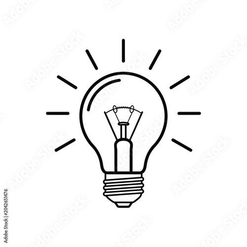 Cuadro en lienzo Simple outline of a glowing incandescent light bulb with rays of light keywords: