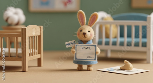Cute felt rabbit holding a brave certificate in a child nursery room