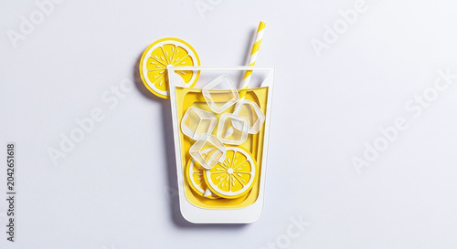 Paper cut lemonade glass with ice cubes and citrus slices on white