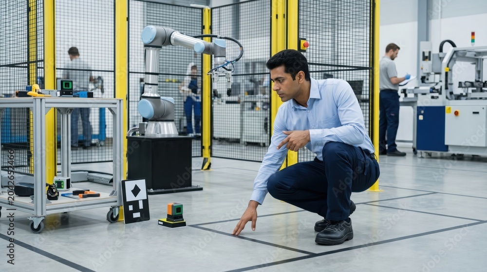 Fototapeta premium Industrial Robotics Calibration Day - Industrial Robotic Arm Calibration and Inspection