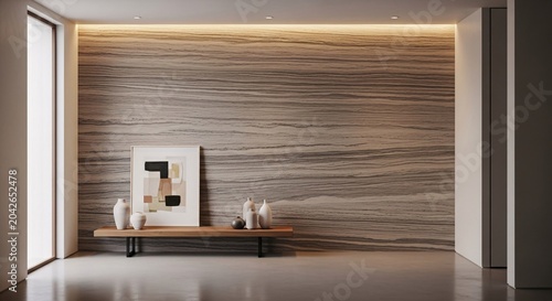 Minimalist Interior with Textured Wood Wall, Bench, Vases, and Art