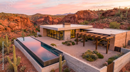 Modern luxury house with infinity pool in the desert landscape at sunset