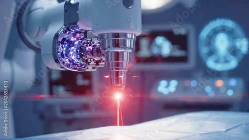 Robotic surgery arm with red laser beams in operating room