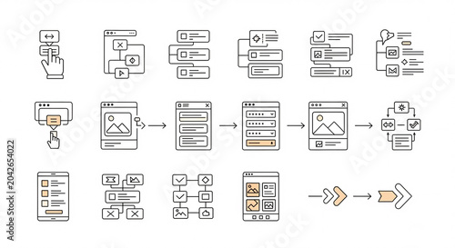 Ui Ux Design Process Workflow and Interactive Elements Set