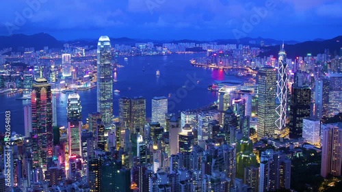 Hong Kong Peak. Stunning cityscape timelapse of Hong Kong of China.
Overviewing from Peak at Hong Kong Island to Kowloon Peninsula with commercial and residential buildings.
