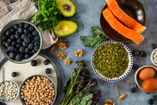 High nutrient foods, including salmon, nuts, seeds and legumes.