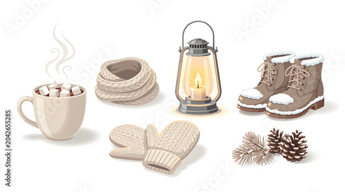 Cozy Winter Comforts: A warm mug of hot chocolate with marshmallows, a knitted scarf and mittens, a glowing lantern, sturdy winter boots, and pinecones evoke the cozy feeling of a winter's day.