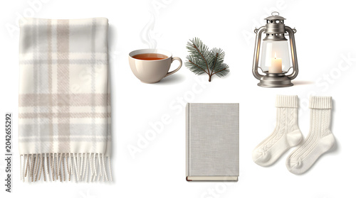 Cozy Winter Elements: A collection of comforting items including a plaid blanket, hot beverage in a mug, evergreen sprig, lit lantern, a book, and warm socks, evoking a sense of hygge and relaxation.