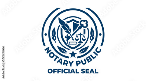Obraz na płótnie Official notary public seal with quill, scales of justice, and key vector graphi