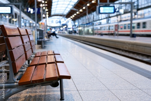 Empty wooden bench at a modern train station platform with blurred train and arched glass roof in the background.