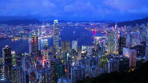 Hong Kong Peak. Stunning cityscape timelapse of Hong Kong of China.
Overviewing from Peak at Hong Kong Island to Kowloon Peninsula with commercial and residential buildings.
