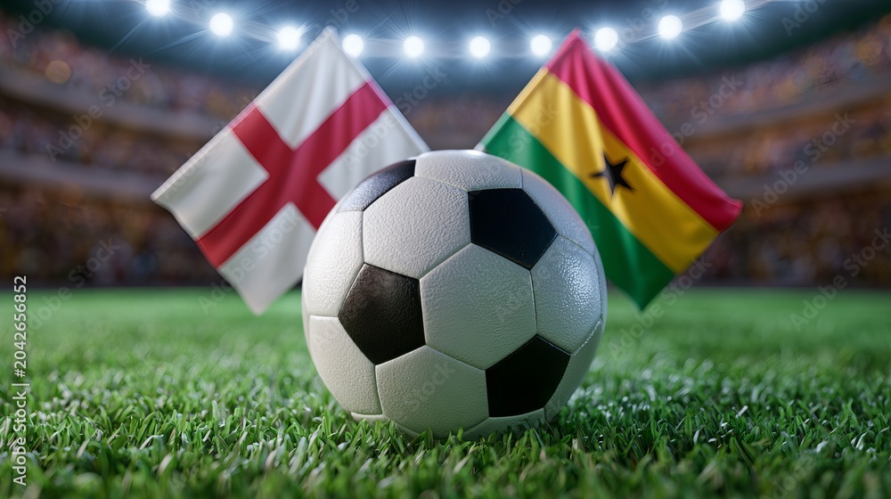 Naklejka premium Soccer ball on stadium grass between England vs Ghana national flags, international football match concept under dramatic stadium lights