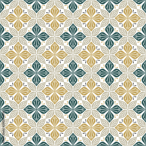 A sophisticated seamless vector pattern featuring a geometric floral design with abstract symmetrical ornaments. 