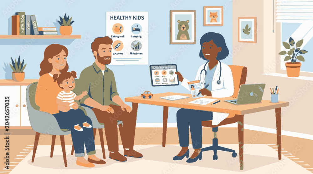 Fototapeta premium 2D Flat Vector Doctor consults with a family about healthy kids development and vaccinations