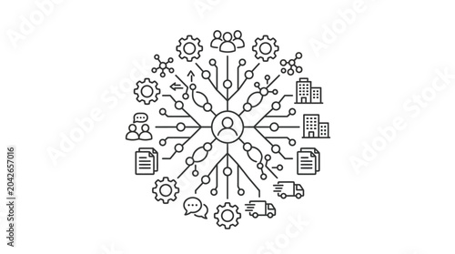 Central person icon connected to various business management symbols.