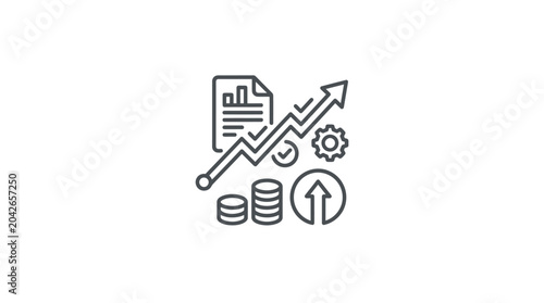 Business growth management icon with gears, coins, and reports.