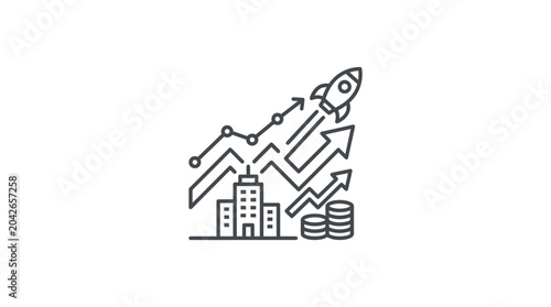 Rocket launch over city buildings and financial coins icon