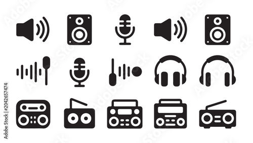 Foto Audio equipment icon set featuring speakers microphones headsets and vintage radio players
