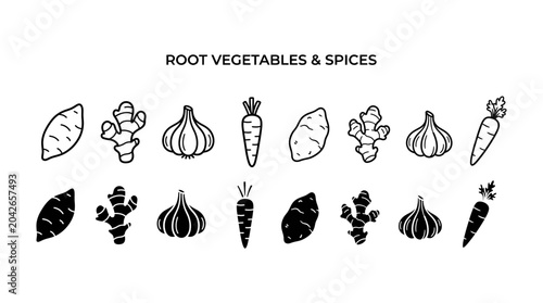 Cuadro en lienzo Root Vegetables and Spices Icons Ginger, Garlic, Carrot, Sweet Potato