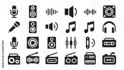 Schilderij op canvas Audio equipment and sound symbols set microphone speaker headphone radio music note and mixer icons