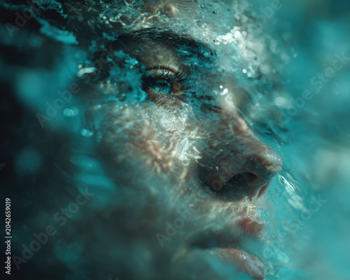 Serene and captivating image of woman face partially submerged in water, illuminated by soft light. water creates mesmerizing effect, enhancing emotional depth and tranquility of scene