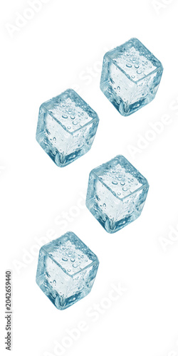 Four floating ice cubes in light blue color isolated on white background