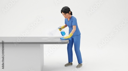 Woman in blue uniform cleaning a table with spray bottle