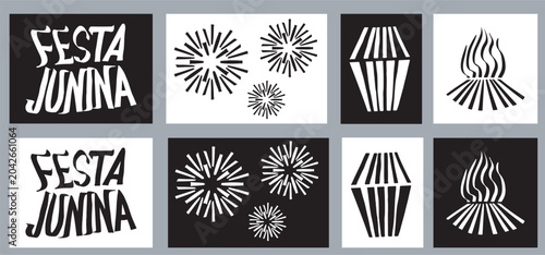 Brazilian June festival with a bonfire, balloons, and fireworks in black and white.eps