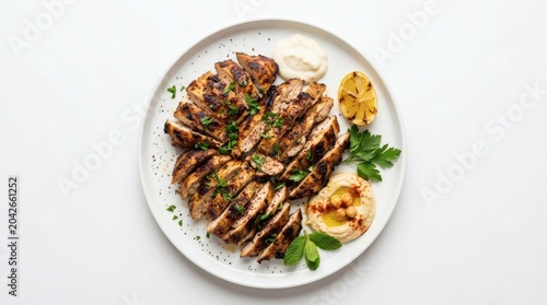 Chicken Shawarma Plate Top View Sliced Chicken Shawarma Arranged Beautifully On White Round Plate Pure White Seamless Background Rich Grilled Texture Middle Eastern Cuisine Presentation
