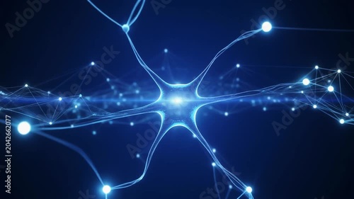 Glowing Blue Neural Network Node Pulsing with Data Connections