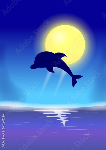 満月の海でジャンプするイルカ