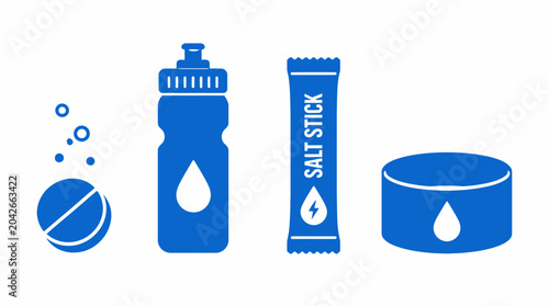 Fotografie Set of blue icons for hydration and sports, featuring effervescent tablet, water bottle, salt stick, and container
