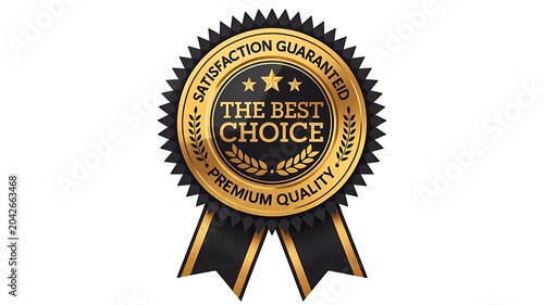 Premium quality guarantee badge with golden award ribbon illustration