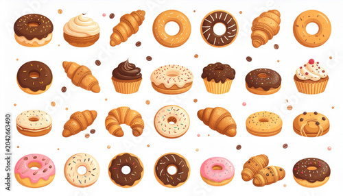 Bakery Food Vector Collection with Croissant Baguette Donut Cupcake Bread and Cookies