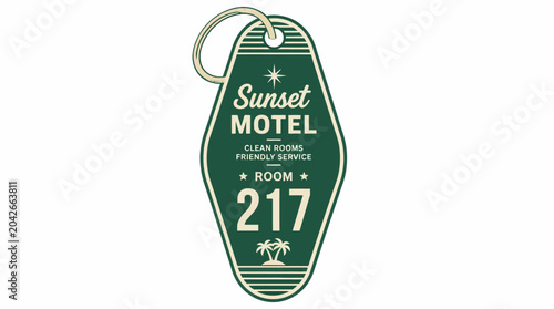 Obraz na płótnie Retro motel key tag with Sunset Motel and room number 217, vintage graphic ele