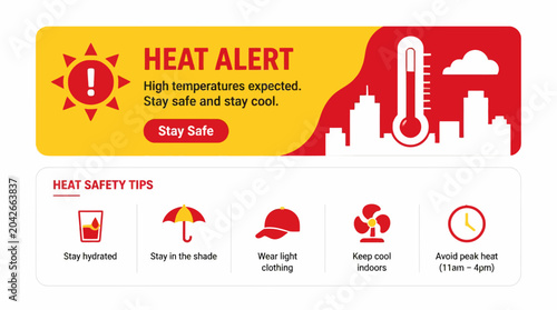 Obraz na płótnie Heat alert banner with safety tips and thermometer graphic, vector illustration