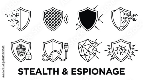 Outline icons for stealth and espionage technology, showing shields, locks, and data interfaces.