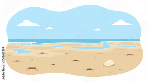 Foto Beach scene with tide pools and shell, flat illustration style