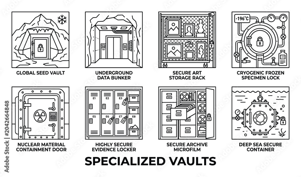 Naklejka premium Specialized vaults collection including seed vault bunker art storage cryogenic specimen nuclear containment evidence.