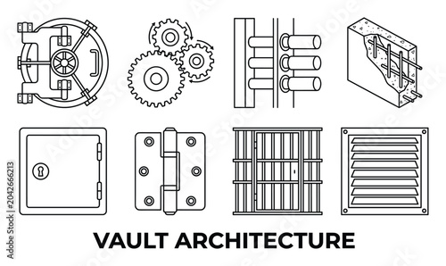 Vault architecture elements including vault door gears locking mechanism concrete wall hinge.