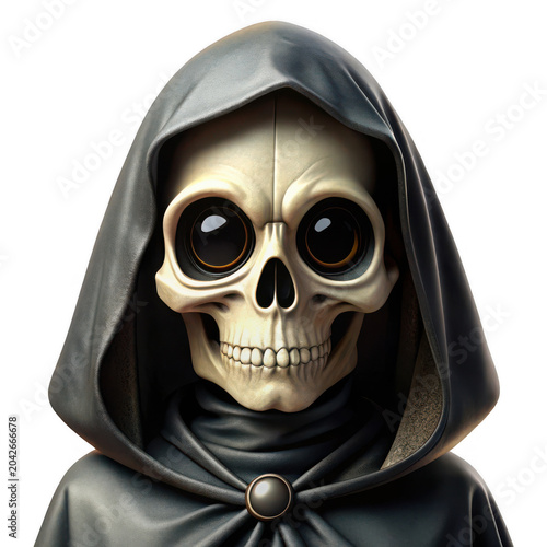 Hooded skeleton with large eyes and dark cloak