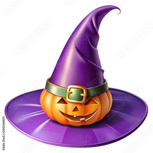 Smiling jack-o-lantern wearing purple witch hat with green belt