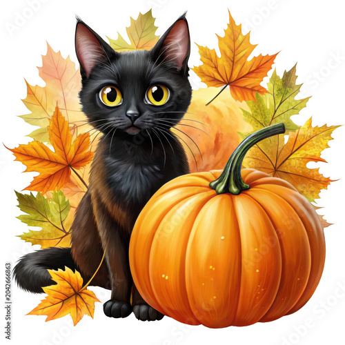 Black cat with pumpkin and autumn leaves illustration