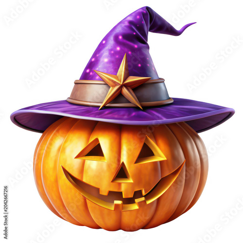 Spooky jack-o-lantern wearing purple witch hat with star
