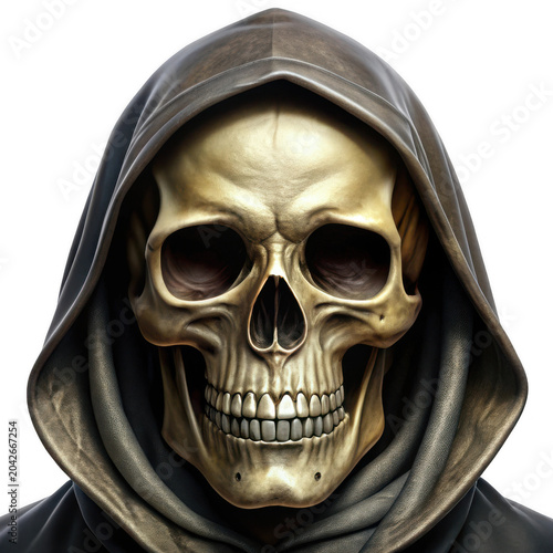 Golden skull in hooded cloak smiling eerily
