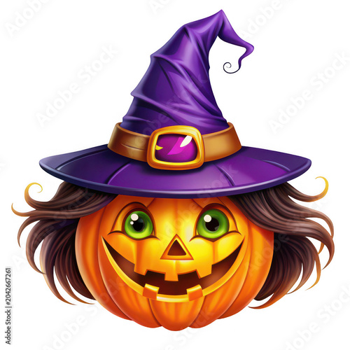 Smiling jack-o-lantern wearing purple witch hat with brown hair