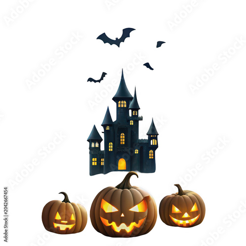 Spooky Halloween scene with haunted castle and jack-o-lanterns