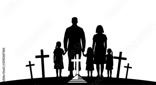 Obraz na płótnie Family Silhouette Mourning at Cemetery with Crosses, Loss and Grief Concept