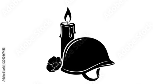 Tableau sur toile Remembrance Day: Soldier Helmet, Poppy Flower, and Candle Flame Silhouette - Mem