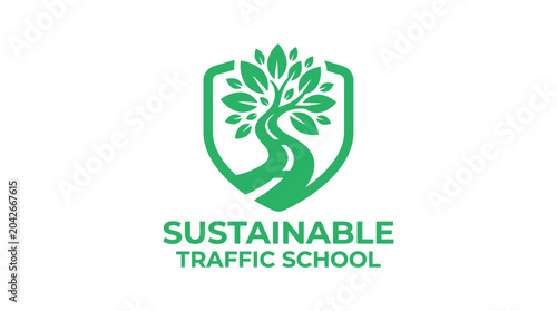 Green tree logo with road winding through it, within a shield shape, for sustainable traffic school